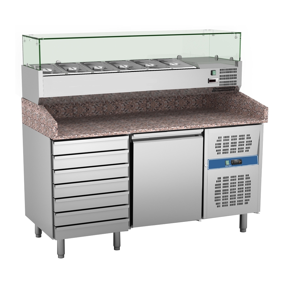 Masa rece preparare pizza, profesionala, vitrina ingrediente, inox, 1 usa si 6 sertare, 390 lt, 151*80*100 cm