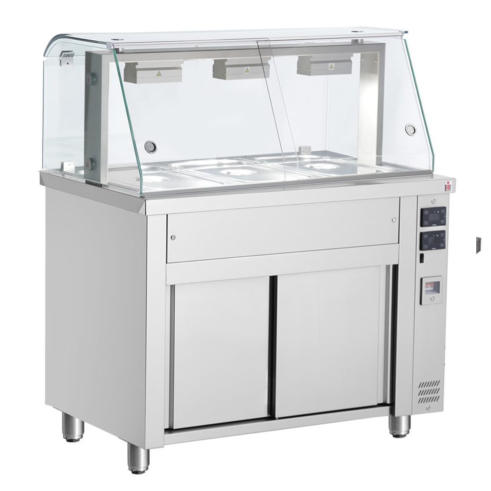 Bain-marie 3 tavi GN 1/1 cu dulap neutru si geam panoramic, 110 cm