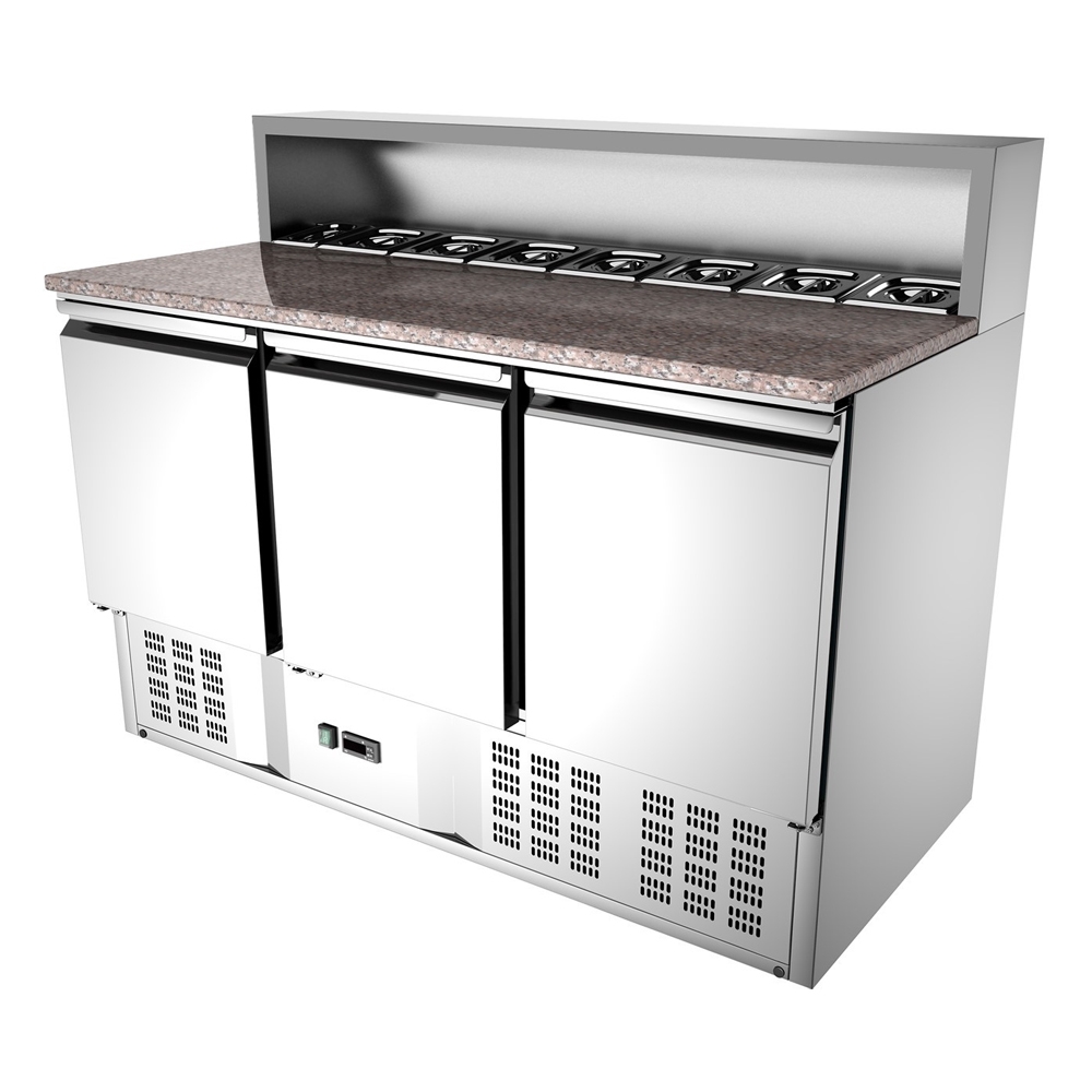 Masa rece preparare pizza, profesionala, inox, 3 usi si 8 cuve, 402 lt, 136*70*107 cm