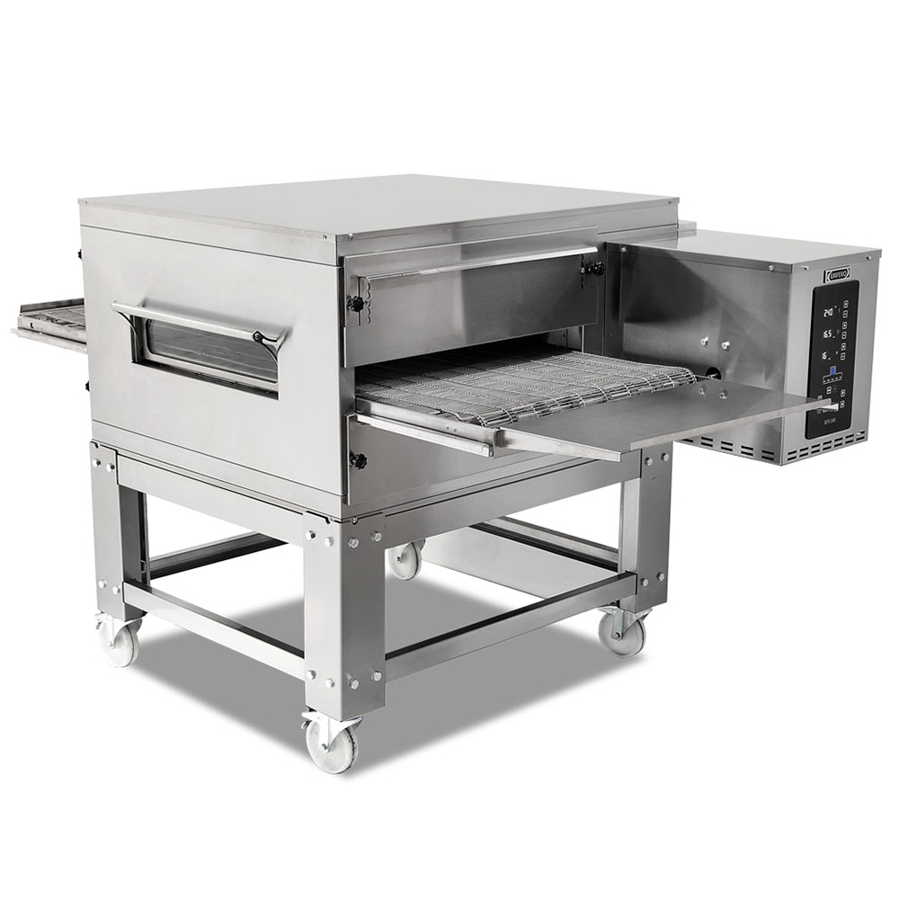 Cuptor profesional cu banda, pentru covrigi si pizza, pe gaz, inox, banda 53*136 cm