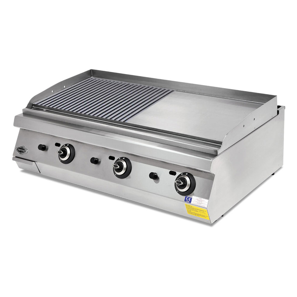 Grill pe gaz profesiona, inox, cu suprafata neteda si striata cromata PLUS, 120*90*30 cm