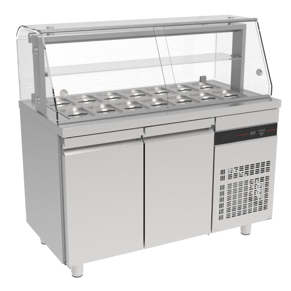 Salad bar 14 GN 1/4 cu 2 usi si geam panoramic cu roti, 270 lt.