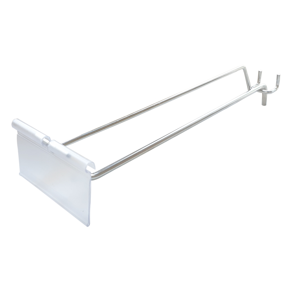 Carlig cu eticheta 20 cm GRI, P25 pentru rafturi metalice perforate