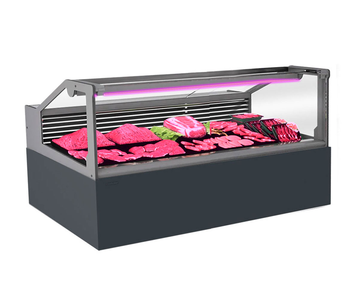 Vitrina frigorifica pentru carne, specialitati, mezeluri 135 cm, Gri Antracit RAL7016, iluminare LED carne, FULL STATIC, motor silentios