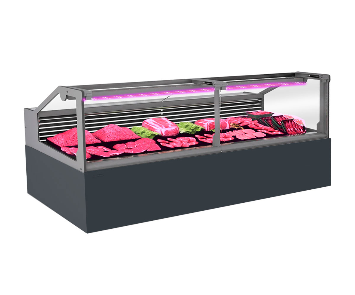 Vitrina frigorifica pentru carne, specialitati, mezeluri 200 cm, Gri Antracit RAL7016, iluminare LED carne, FULL STATIC, motor silentios