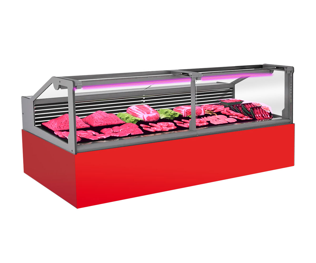 Vitrina frigorifica pentru carne, specialitati, mezeluri 200 cm, Rosu RAL3020, iluminare LED carne, FULL STATIC, motor silentios
