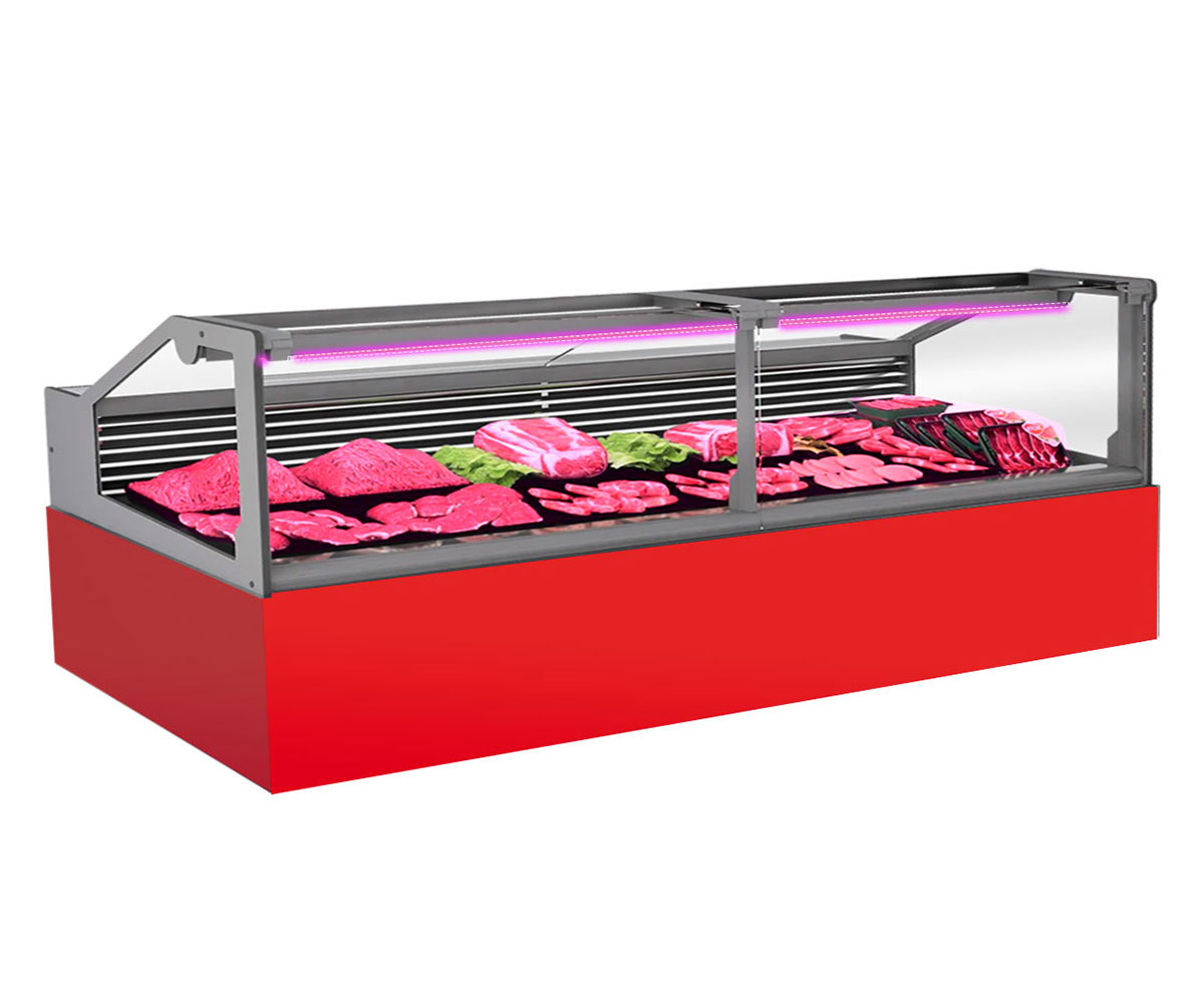Vitrina frigorifica pentru carne, specialitati, mezeluri 260 cm, Rosu RAL3020, iluminare LED carne, FULL STATIC, motor silentios