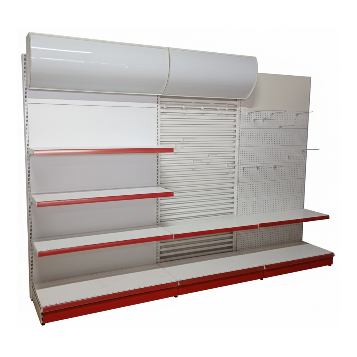 Tronson rafturi metalice pentru magazin, 3.3 ml, H 227 cm, baza 50 cm, polite 40 cm, cu sapca si 20 carlige incluse