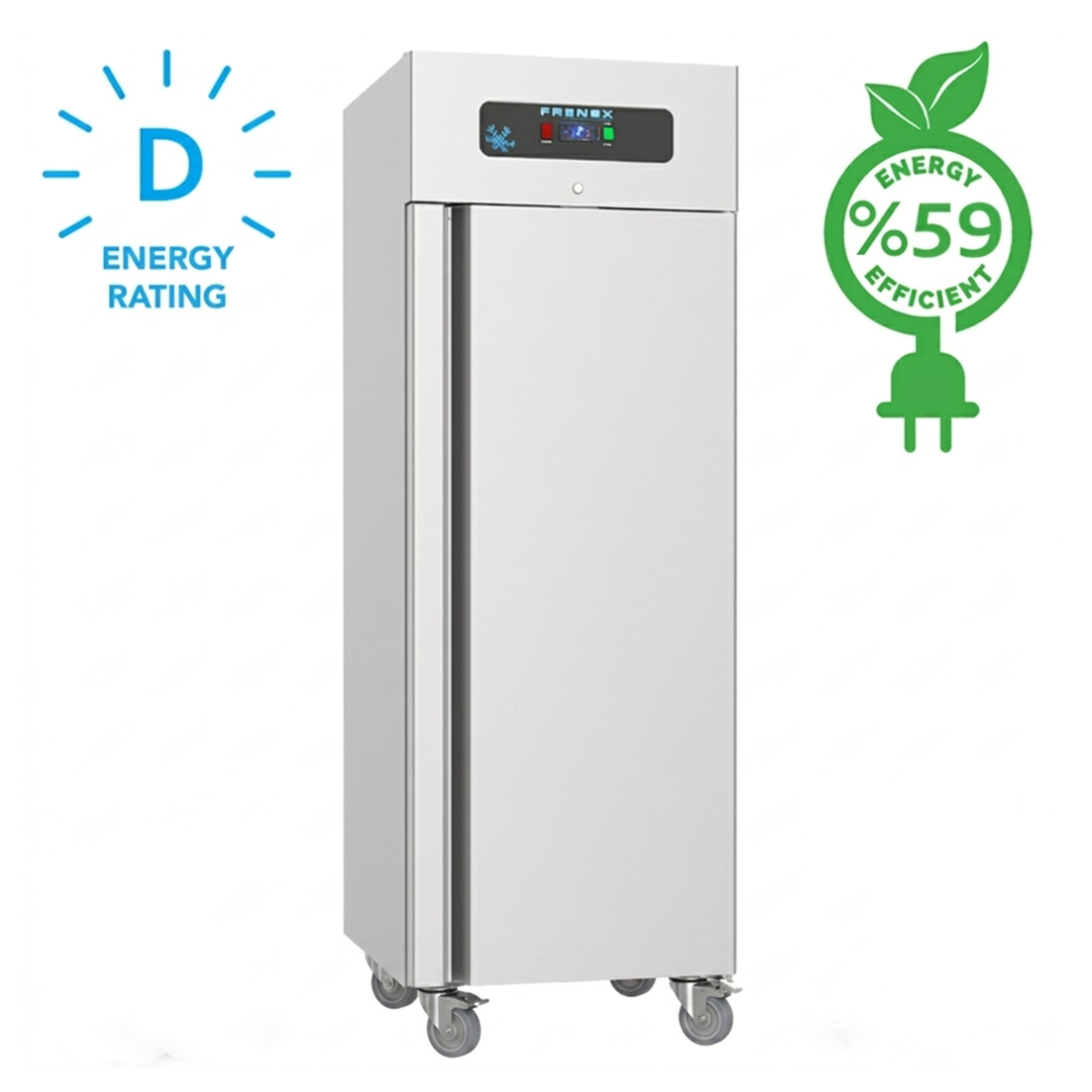 Dulap congelator vertical cu roti, filtru magnetic, pedala pentru deschiderea usii, FRENOX cu 1 usa, Eficienta Energetica, 700 lt