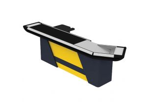 Masa pentru casa de marcat cu iesire pe colt 2,5 m, cu banda si rama din aluminiu