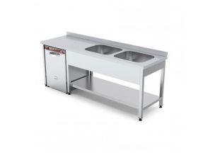 Spalator cu 2 cuve pe partea dreapta, polita inferioara si spatiu masina spalat, inox, 200*70*85 cm