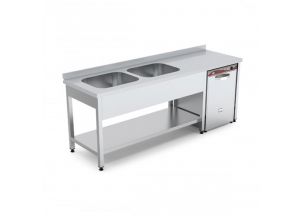 Spalator cu 2 cuve pe partea stanga, polita inferioara si spatiu masina spalat, inox, 160*70*85 cm