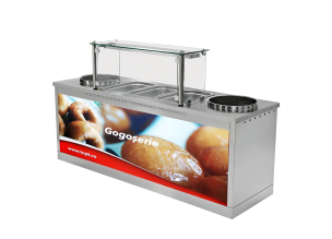 Vitrina de expunere gogosi, 2 friteuze pe gaz, inox, 25 + 25 lt, 220*70*85 / 132 cm