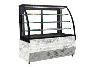 Vitrina frigorifica orizontala, cofetarie, decor lemn F255-CARRARA, geam curbat, ventilata, 130 cm