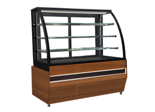 Vitrina neutra orizontala, decor lemn A333-BERGAMA, geam curbat, 130 cm