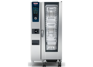 Cuptor profesional RATIONAL iCombi Pro gastro/patiserie, pe gaz cu umidificare automata si boiler, 20 tavi GN1/1 + carucior